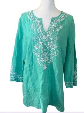 Charter Club Teal Embroidered V-Neck Tunic 100%Linen mint green size XL